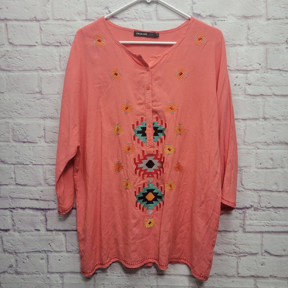 Origami by Vivien‎ Aztec Embroidered Boho Top Size S Coral Pink Half Button